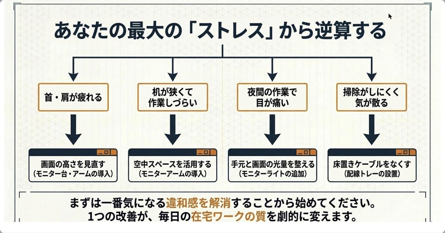 あなたの最大のストレスから逆算する在宅ワーク環境改善フロー図