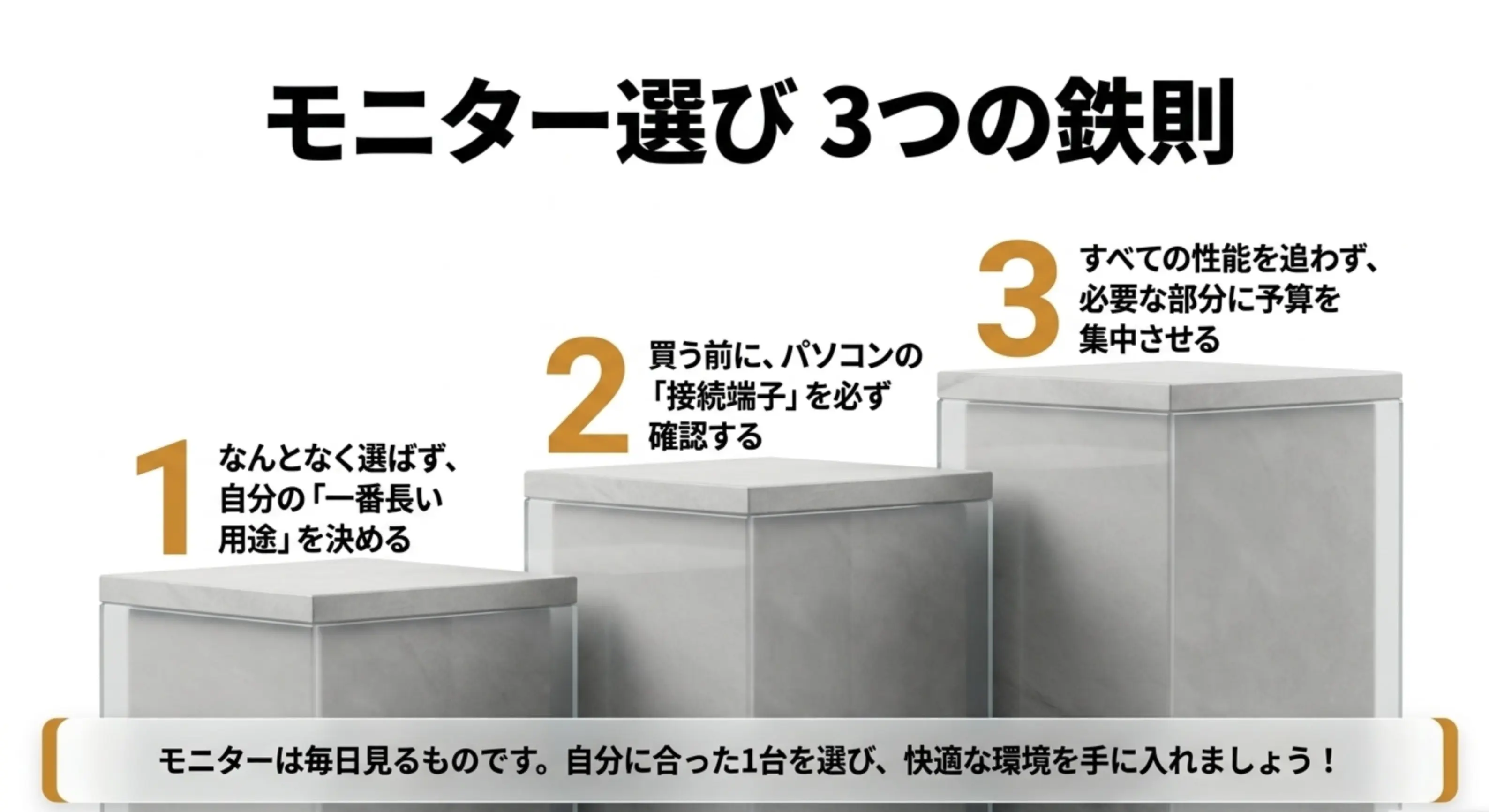 失敗しないためのモニター選び3つの鉄則 「一番長い用途を決める」「接続端子を確認する」「必要な部分に予算を集中させる」というモニター選びの3つの鉄則をまとめたイラスト。