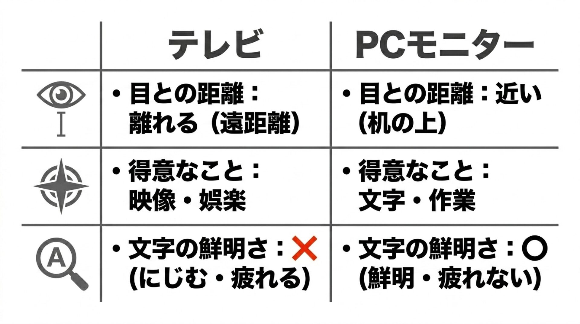 テレビとPCモニターの主な違いを比較した一覧スライド。用途・サイズ・解像度・入力遅延などを整理。