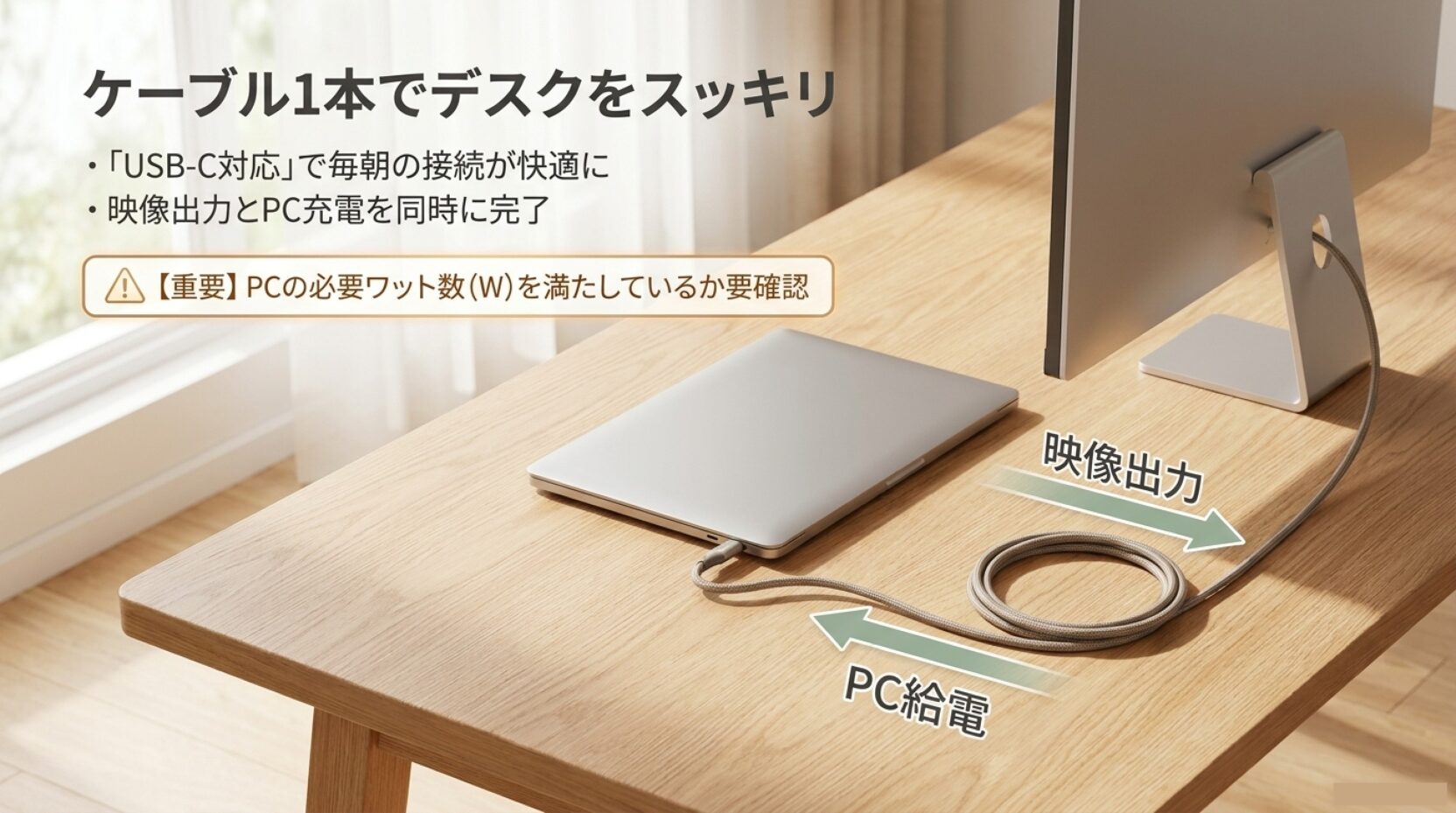 USB-Cケーブル1本でノートPCから外部モニターへ映像出力と給電を行うイメージ