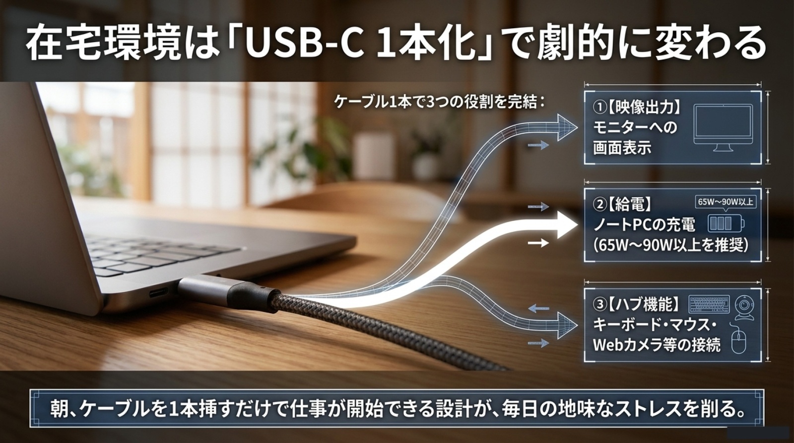 USB-Cケーブル1本で映像出力、給電、周辺機器接続をまとめる在宅勤務向けモニター環境