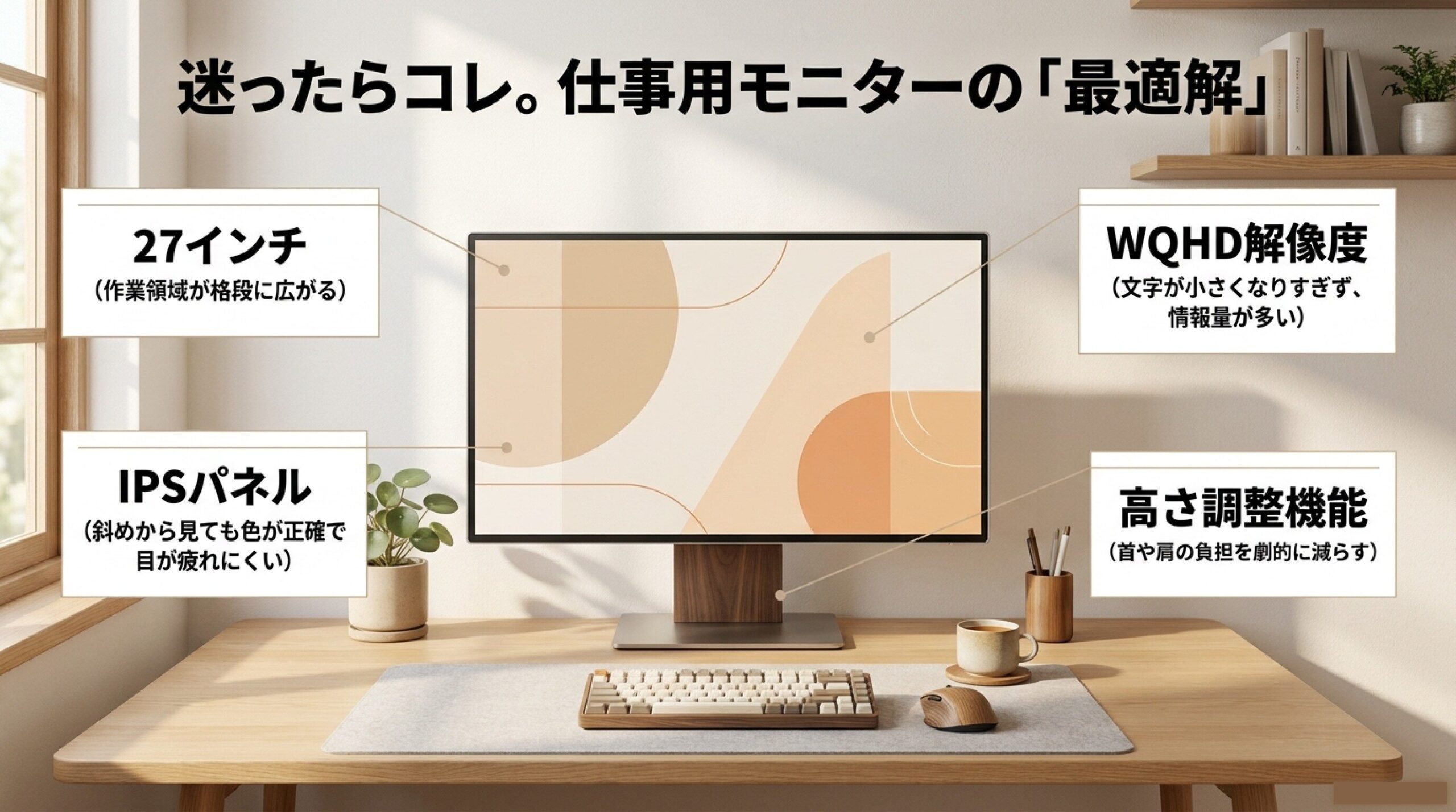 仕事用におすすめの27インチWQHD・IPSパネル・高さ調整対応モニター