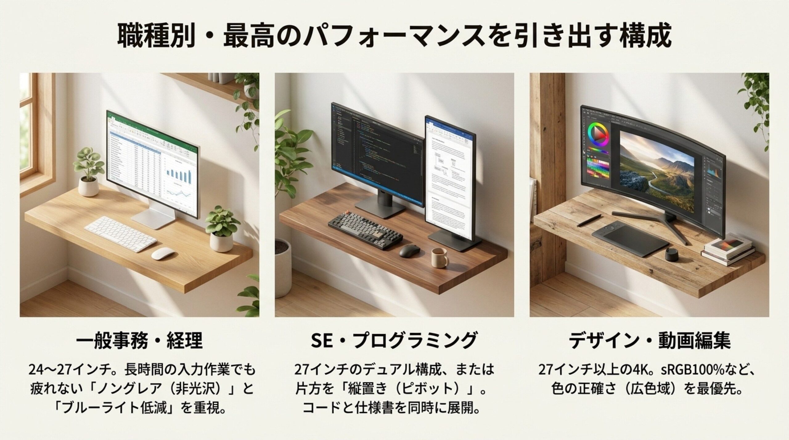 職種別に選ぶ仕事用PCモニター 一般事務・プログラミング・デザイン向けの仕事用モニター構成