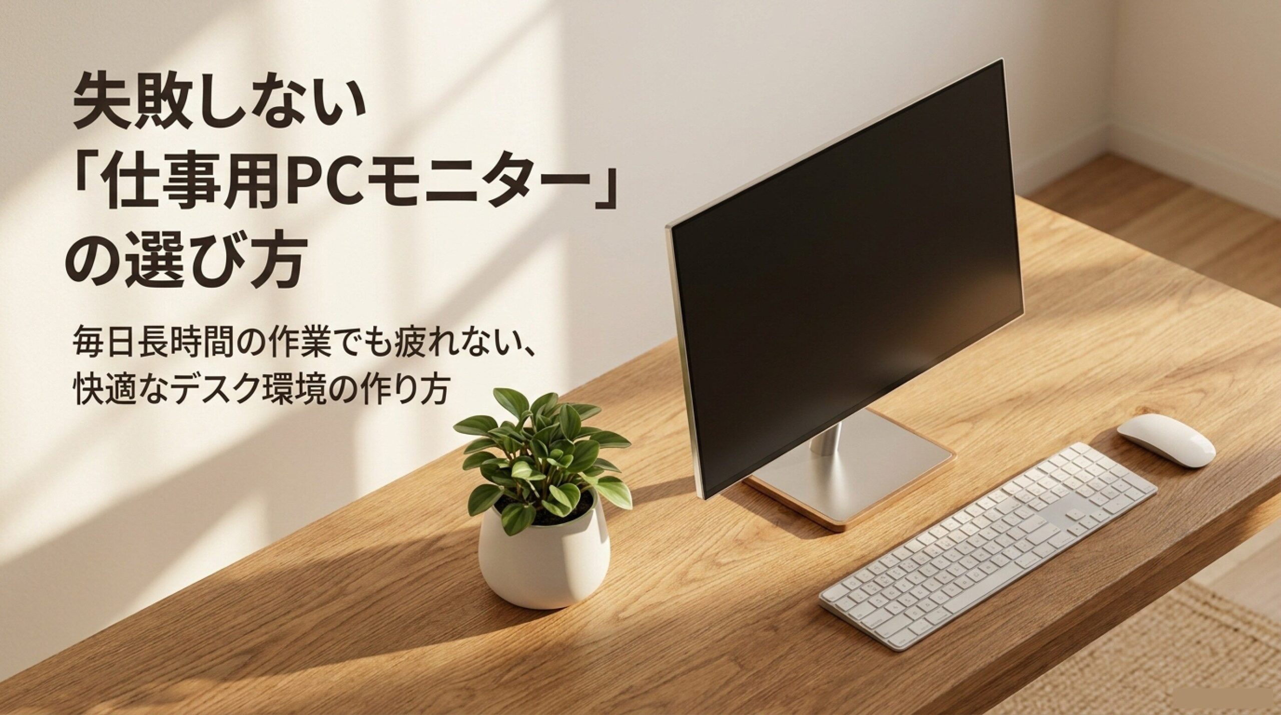 失敗しない仕事用PCモニターの選び方 仕事用PCモニターの選び方と快適なデスク環境を紹介するイメージ