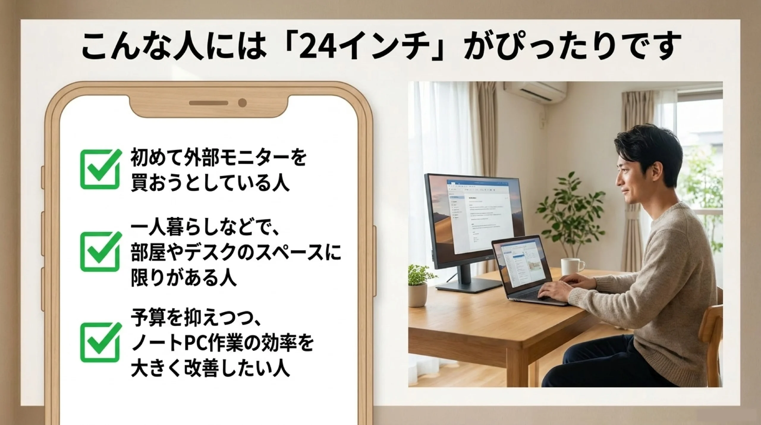 初めて外部モニターを買う人、一人暮らしで省スペースを重視する人、予算を抑えたい人を示す図解