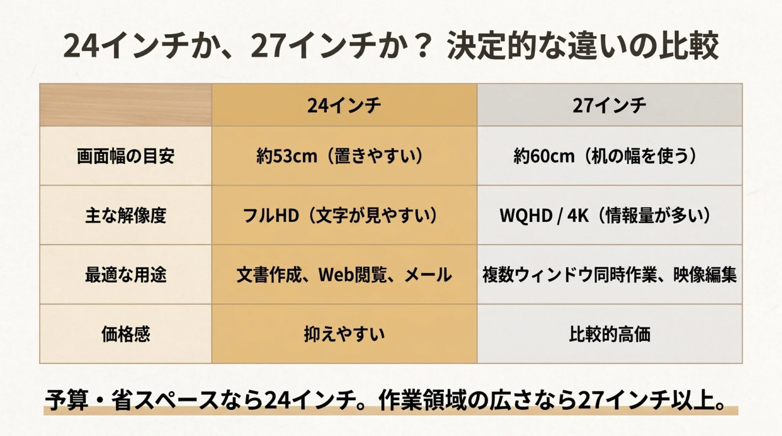 24インチと27インチの画面幅、解像度、用途、価格感の違いを比較した表