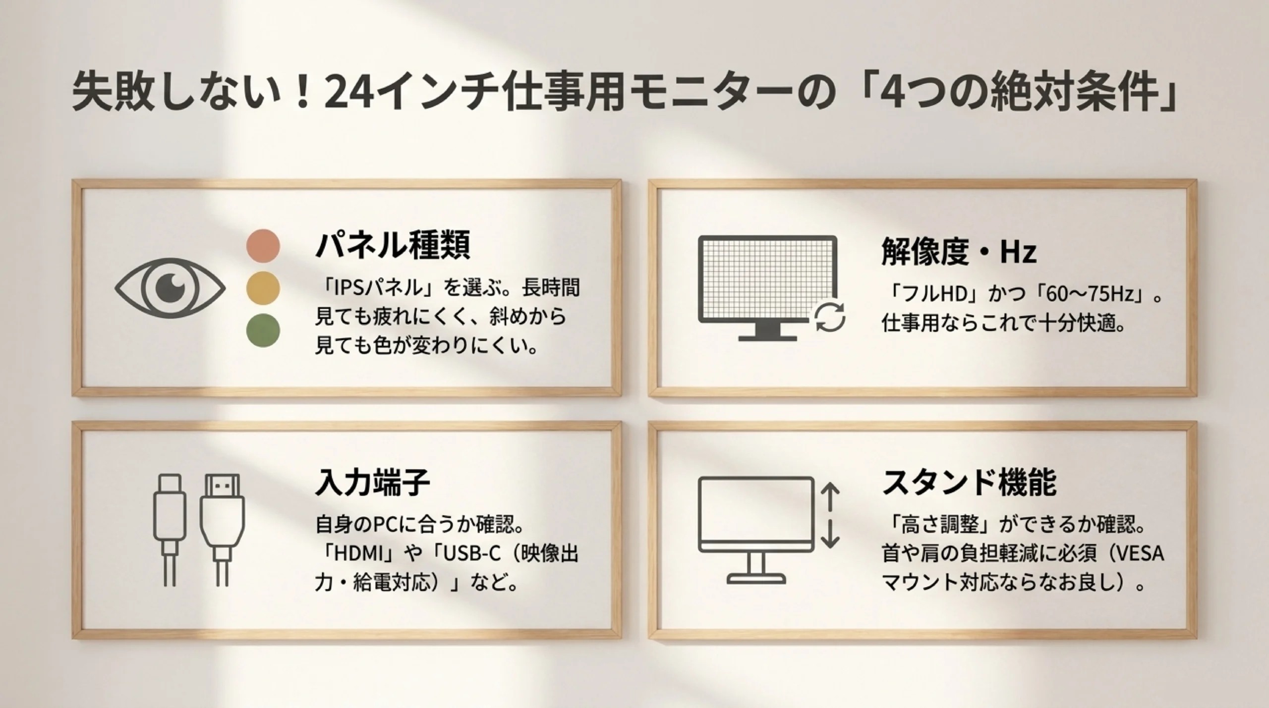 仕事用24インチモニターで確認したいパネル種類、解像度、入力端子、スタンド機能の4条件
