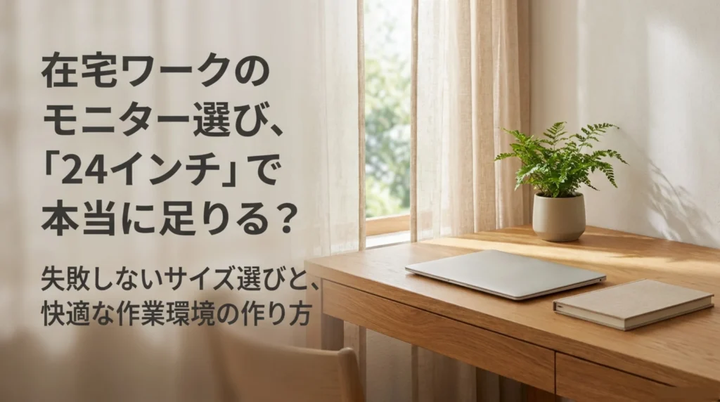 在宅ワークの机とノートPCを背景に、24インチモニター選びの疑問を示したアイキャッチ画像