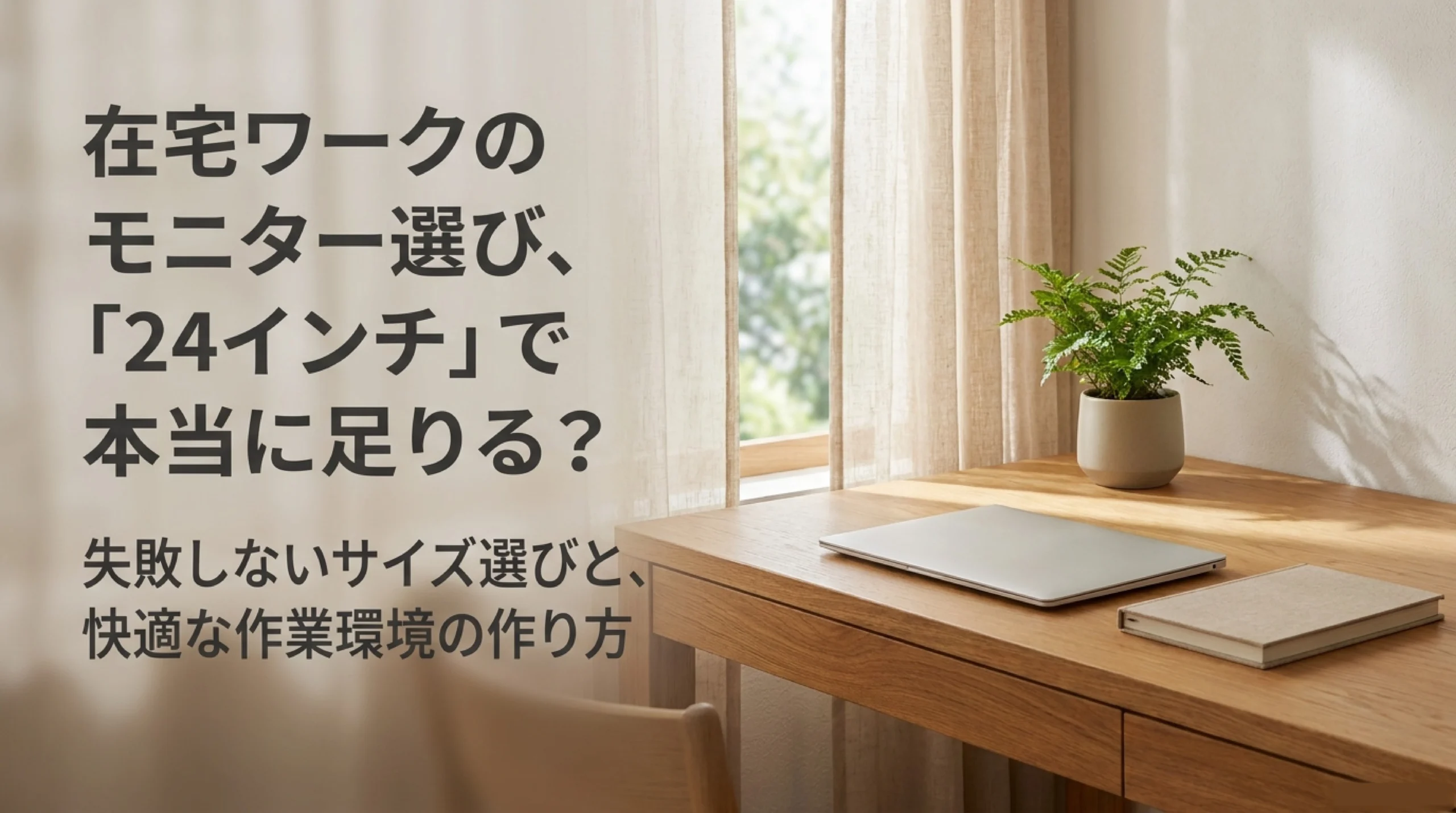 在宅ワークの机とノートPCを背景に、24インチモニター選びの疑問を示したアイキャッチ画像