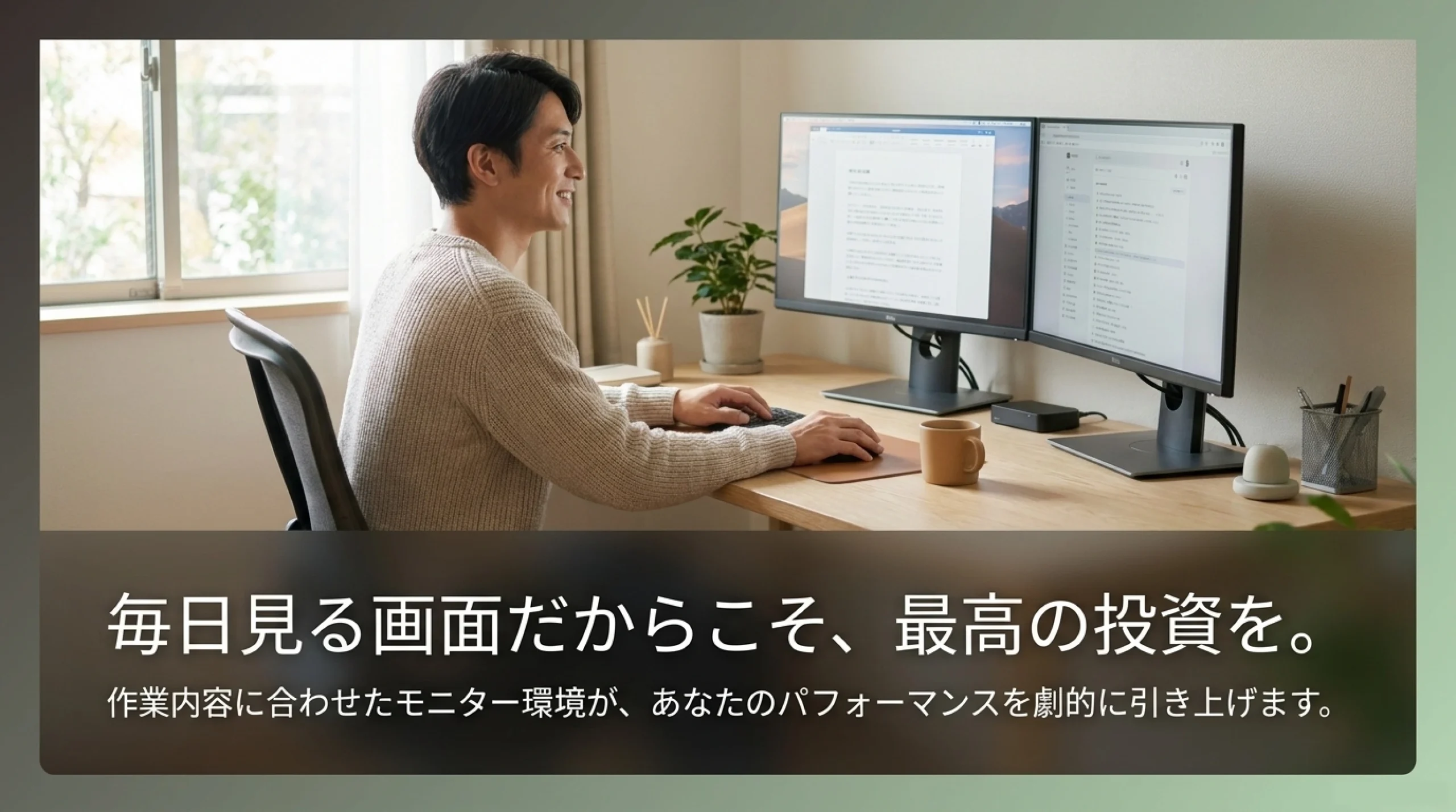 デュアルモニター環境で快適に作業する人物とデスク環境のイメージ
