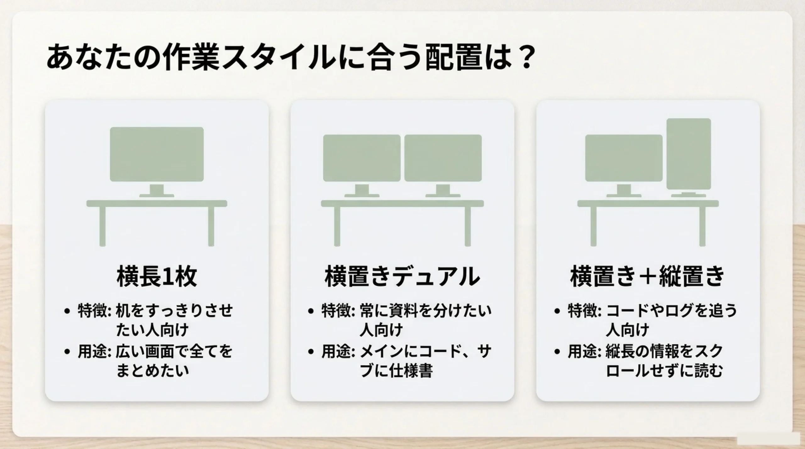 横長1枚、横置きデュアル、横置きと縦置きのモニター配置を比較した図