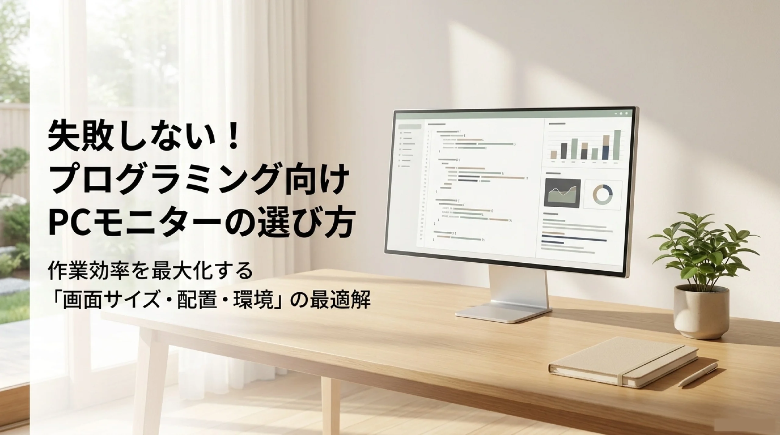 プログラミング向けPCモニターの選び方を示す作業デスクと横長モニターのイメージ